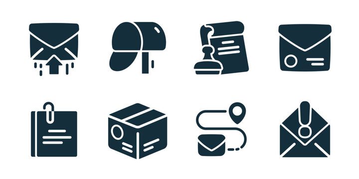 Postal service excellent icon collection. Set of incoming mail, mailbox, certified letter, sealed envelope, document attachment, parcel box, delivery route, urgent mail icons