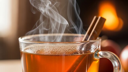 Warm & Inviting Hot Apple Cider with Cinnamon Stick Steaming by a Cozy Fireplace
