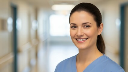 Smiling female healthcare professional exuding warmth and confidence in a bright, modern hospital corridor, symbolizing dedicated patient care