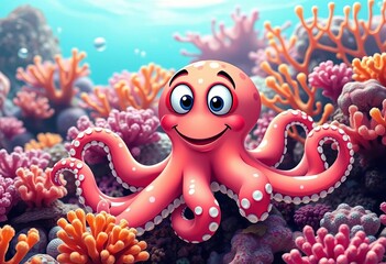 Smiling cartoon octopus in vibrant coral reef scene,  cephalopod,  cute