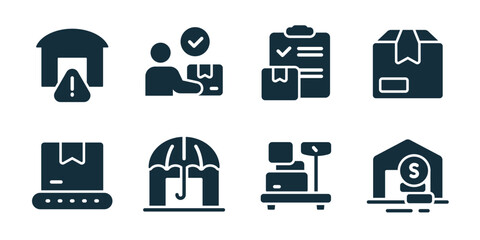Warehouse excellent icon collection. Set of alert warehouse, verified worker, inventory checklist, parcel box, conveyor package, protected storage, loading platform, secure warehouse icons