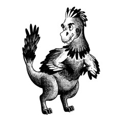 A smiling dinosaur with feathers. Black and white graphic illustration. Perfect for children's clothing and accessories.