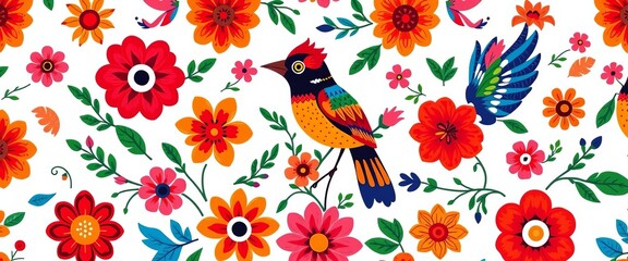 Naklejka premium Vibrant Mexican folk art floral & bird seamless pattern White background, textile, southwest