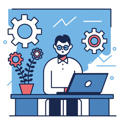 Young professional works on laptop near cogwheels and plant in a line art style