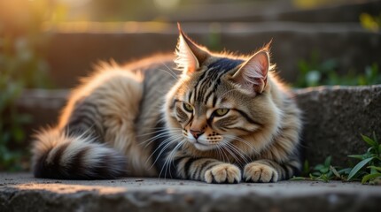 A beautiful long-haired tabby cat relaxing on stone steps in the golden hour light