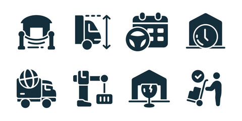 Warehouse excellent icon collection. Set of warehouse building, cargo truck size, delivery calendar, storage time, global shipping truck, robotic loader, fragile storage, courier delivery icons