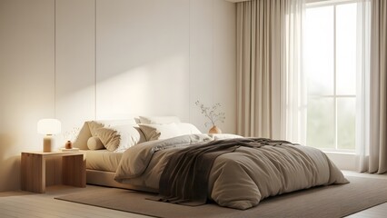 Serene Bedroom With Large Window Soft Lighting And Neutral Tones peaceful calm