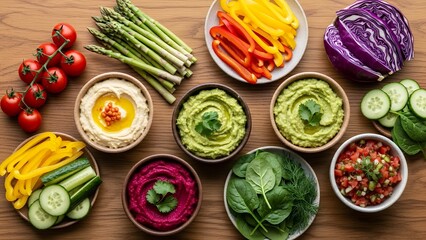 Vibrant Assortment of Fresh, Healthy Vegetables and Delicious Dips Artfully Arranged for a Nutritious Meal or Snack
