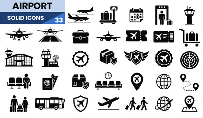 Airport Solid Icons Set – 33 Aviation, Travel, Flight, and Airport Facility Vector Symbols