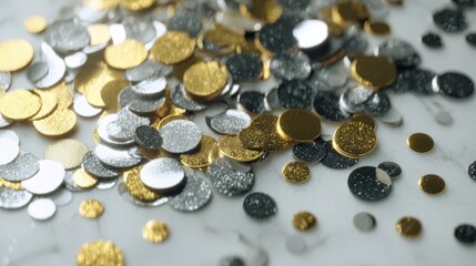 Scattered metallic confetti on white surface