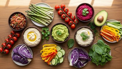 Vibrant and Nutritious Plant-Based Platter Featuring a Colorful Array of Fresh Vegetables, Healthy Dips, and Snacks, Perfect for Wholesome Eating