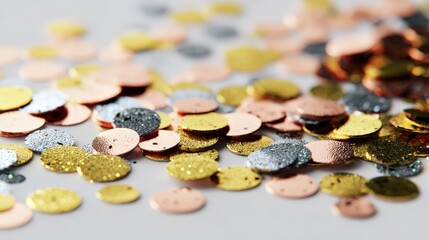 Scattered metallic confetti on white surface