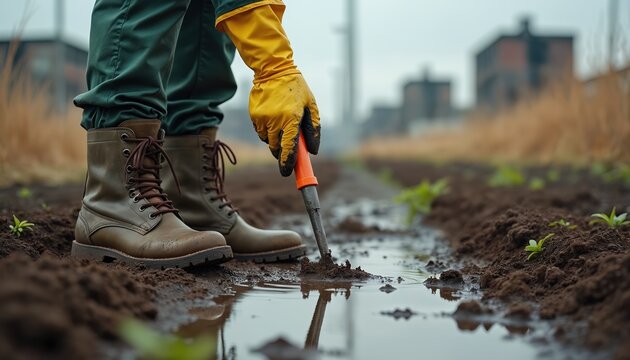 Scientist checks soil quality in muddy field with tools. Person wears boots and gloves, examines earth for contamination. Research on land and pollution.