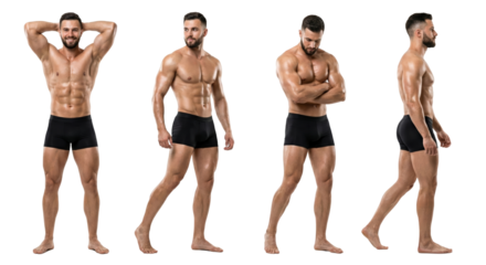Series of four athletic male models showcasing muscle definition and physique pose options