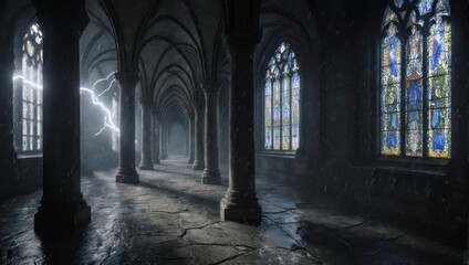 Fototapeta premium Dramatic Lightning Strike Illuminates a Dark Gothic Cathedral Hall.