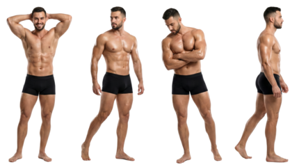 Four Male Models Showcasing Different Poses Highlighting Muscular Physique on Isolated Transparent