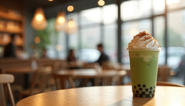 Green matcha bubble tea topped with whipped cream and brown sugar sits on a cafe table. Drink has tapioca pearls and straw. Blurry background shows friends and soft lighting.