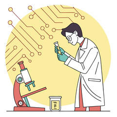 Young male scientist carefully inspects a test tube near the microscope in the laboratory