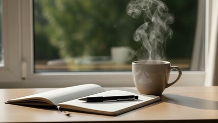 Quiet morning inspiration a steaming coffee cup and open journal by a sunlit window, inviting creativity and calm reflection