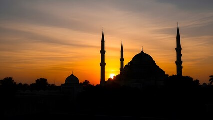 Silhouette of a Mosque with Minarets and Dome at Sunset islam architecture