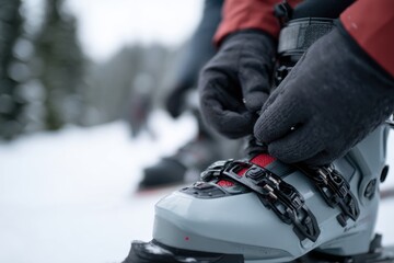 Close-up detail shot of gloved hands tightening ski boot clasps on a snowy slope showing winter gear adjustment and texture of boot, glove, and surrounding snow