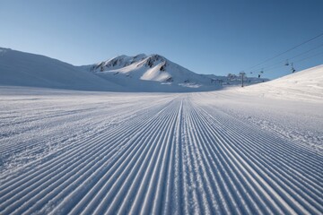 A freshly groomed ski slope at sunrise with corduroy snow pattern stretching into the distance, flanked by mountains and a ski lift under a clear cold sky