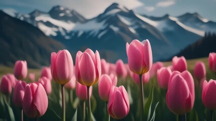 A vibrant field of pink tulips flourishes with majestic snow-capped mountains in the background.