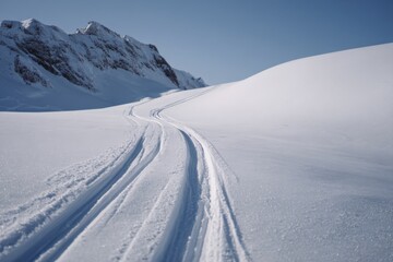 A pair of gently curving ski tracks in deep untouched snow leads across an open snowy slope toward rugged mountain peaks under a bright blue winter sky
