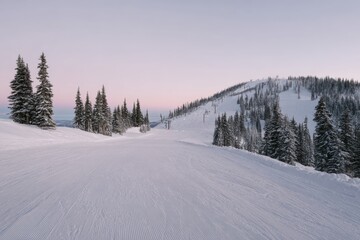 Pristine ski trail in a high-end mountain resort lined with snowy pine trees and gentle slopes under a soft pastel sky at dusk, featuring untouched corduroy snow