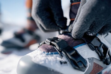 Close-up image of a person wearing black gloves fastening the buckle of a ski boot with visible snow and texture on the boot, gloves, and surrounding white surface