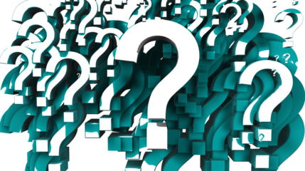 Numerosos signos de interrogación en 3D giran en movimiento de túnel sobre fondo transparente.simboliza curiosidad y flujo mental, representando duda, exploración cognitiva e incertidumbre.