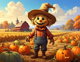 Smiling Scarecrow in a Pumpkin Patch.