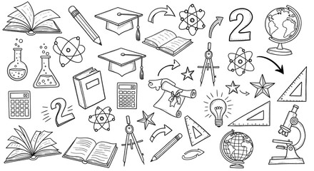 A collection of educational symbols books science tools and graduation elements shown in black and white