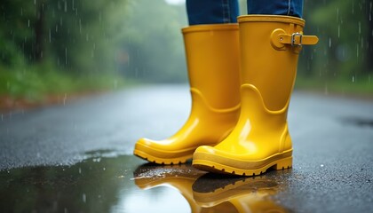 Bright yellow rain boots rest on wet pavement during a downpour. Reflections of the boots shimmer on the slick asphalt surface. Jeans cuffs are visible above boots. Trees blur in background.