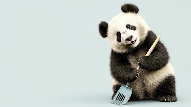 Cute baby panda holding a gardening tool on light blue background