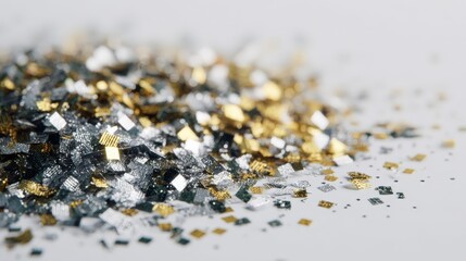 Scattered metallic shards on white surface