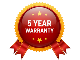 Red and gold warranty badge with ribbons isolated on transparent background