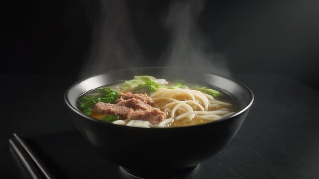 Close-up of a steaming hot bowl of vietnamese pho soup with meat and vegetables