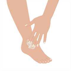 Beautiful female hand applying foot moisturizer. Slender groomed woman's foot with cream on the white background. Cares about clean and soft legs skin. Healthcare concept. Vector illustration