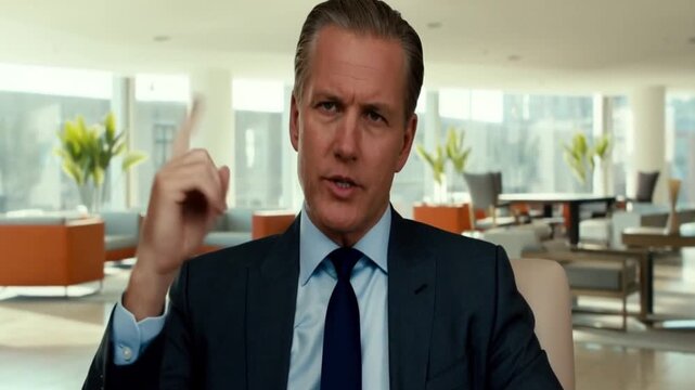 A well-dressed man gesturing expressively in a modern office setting, delivering a speech or presentation. He looks assertive and confident. Stock Video