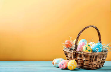 Easter Eggs in Wicker Basket on Yellow Background with Copy Space