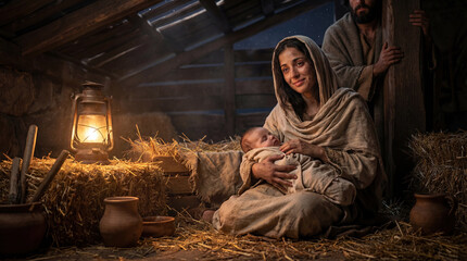 Fototapeta premium Biblical scene of Mary holding newborn baby Jesus in a stable with Joseph standing in the shadows. Nativity scene at night with warm lantern light illuminating the holy family in a barn.