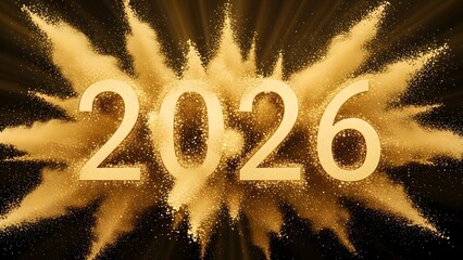 A powerful explosion of golden powder erupts behind the bold numbers 2026, creating a dynamic and celebratory visual against a dark background with bright light rays