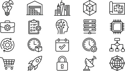Business technology icon set, logistics management symbols, innovation lightbulb, server data, startup rocket, vector illustration, outline style design, workflow concept