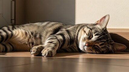 Peaceful Tabby Cat Napping in Golden Sunlight on a Wooden Floor, Showcasing Relaxed Posture and Beautiful Striped Fur with Warm, Soft Lighting.