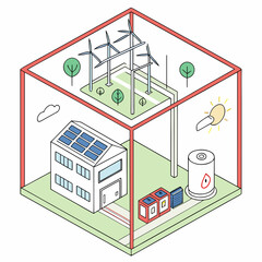 Transparent cube showing renewable energy systems inside