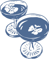 Hand drawn cocktail glasses in simple blue line art style. Minimal drink vector illustration with floral garnish. Elegant bar still life. Summer, coastal graphic.