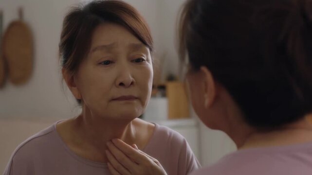 An elderly person examining themselves in a mirror, possibly contemplating their reflection, possibly experiencing self-reflection Stock Video
