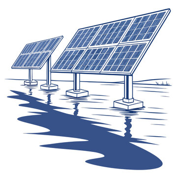 Solar panels floating on calm water with reflection