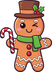 Cute gingerbread man cartoon illustration, Christmas holiday character with candy cane, festive winter cookie design, kawaii vector artwork